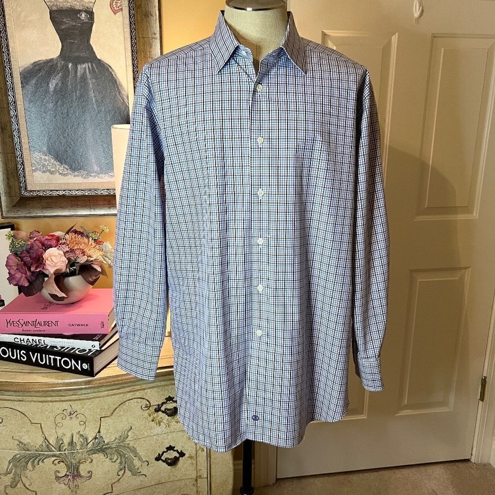 EEUC Men's David Donahue White Blue Purple Plaid Dress Shirt Size 18  34/35